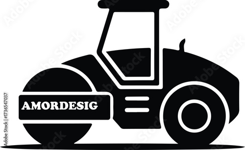 Silhouette of a road roller with amordesig logo