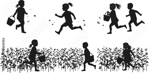 Black silhouette children carrying baskets harvesting plants in field, running and walking, agricultural farm work vector illustration, rural lifestyle design