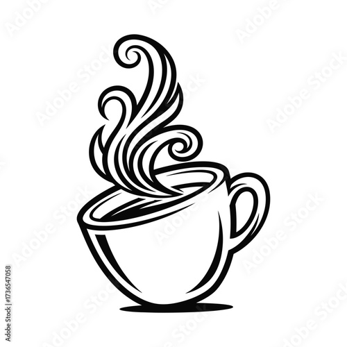 Stylized black and white illustration of a steaming coffee cup