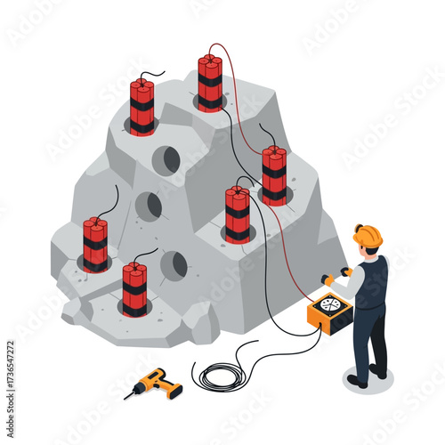 Miner preparing explosives on a rock for demolition.