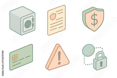 Financial Security Icons. Isometric vector illustration set of financial security icons: safe vault, insurance document, shield