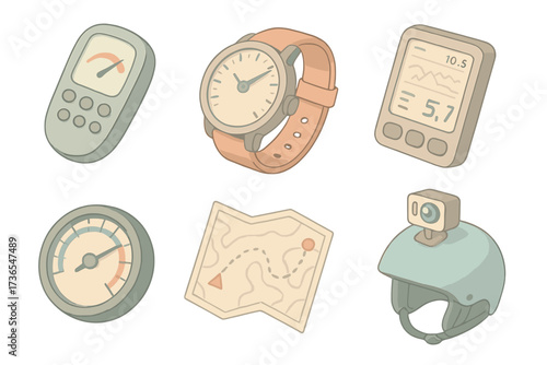 Paragliding Gear Icons. Isometric vector illustration set Paragliding Instruments: variometer device, wrist-mounted altimeter,