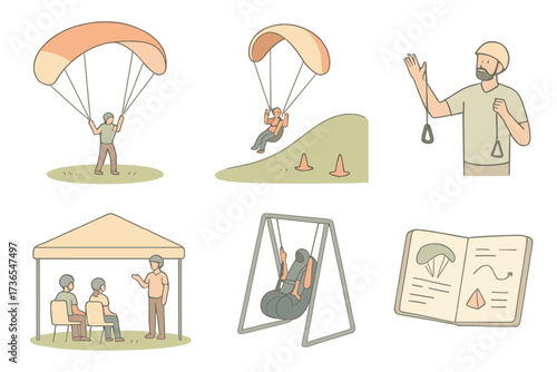 Paragliding Training Essentials. Isometric vector illustration set Paragliding Training Essentials: ground handling wing, practice
