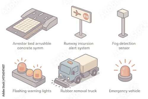 Runway Safety Systems. Isometric vector illustration set Runway Safety Systems: arrestor bed with crushable concrete, runway