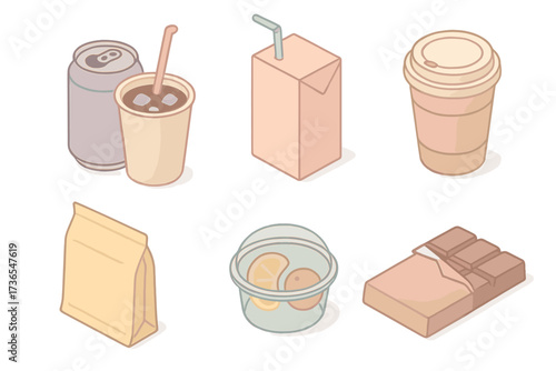 Pastel Beverage and Snack Icons. Isometric vector illustration set Beverage and Snack Options: soda can with cup, juice carton