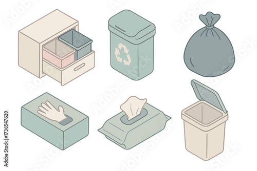 Waste Management Icons. Isometric vector illustration set Onboard Waste Management: trash sorting drawer, recycling sign on bin,