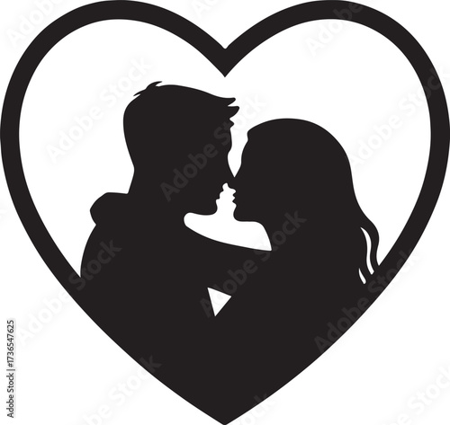 Couple silhouette framed in heart vector, romantic Valentine’s love design for greeting cards.