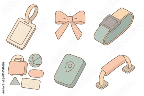 Travel Suitcase Accessories. Isometric vector illustration set Suitcase Identification Items: name tag holder, colored ribbon tie,