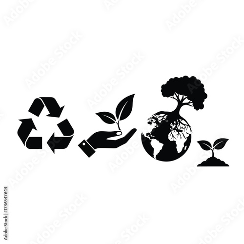 A collection of four black environmental icons representing recycling, conservation, sustainability, and care for planet Earth.
