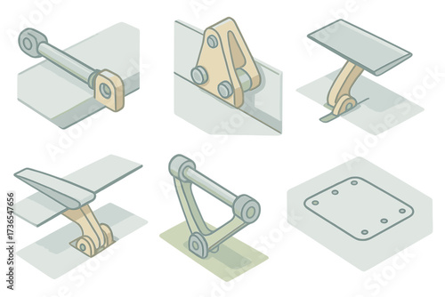 Aircraft Control Mechanisms. Isometric vector illustration set Control Surface Mechanisms: flap actuator rod, aileron hinge
