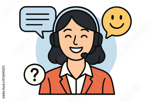 Friendly customer service representative with headset and communication bubbles