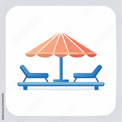 Simple vector illustration depicting a beachfront scene with two lounge chairs and a parasol