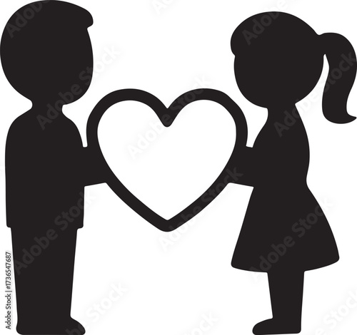 Couple silhouette holding heart frame vector, romantic Valentine’s love scene design art.