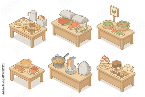 Buffet Section Illustration. Isometric vector illustration set Themed Buffet Sections: breakfast items layout, seafood buffet