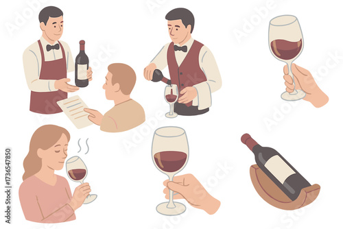 Wine Tasting Experience. Isometric vector illustration set Wine Recommendation Scene: sommelier presenting bottle, guest pointing