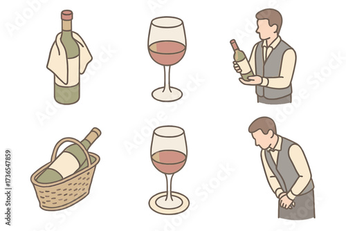Wine Service Etiquette. Isometric vector illustration set Table Wine Service Etiquette: napkin around bottle neck, glass filled