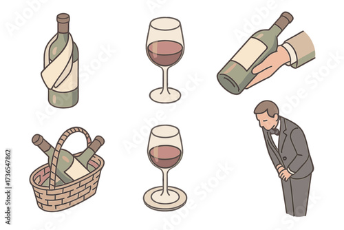 Wine Service Etiquette. Isometric vector illustration set Table Wine Service Etiquette: napkin around bottle neck, glass filled