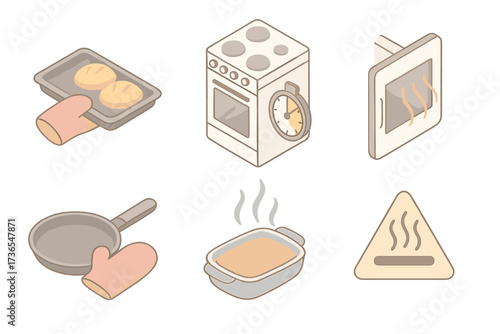 Oven Safety Illustration. Isometric vector illustration set Oven Safety Setup: mitt holding hot tray, timer set on stovetop, oven