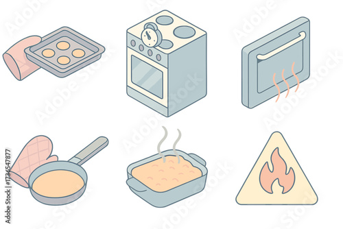 Oven Safety Illustration. Isometric vector illustration set Oven Safety Setup: mitt holding hot tray, timer set on stovetop, oven