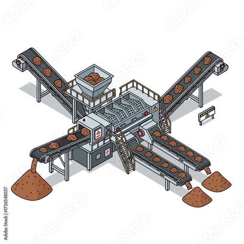 Isometric view of a mining and processing plant with conveyor belts and piles of raw materials.