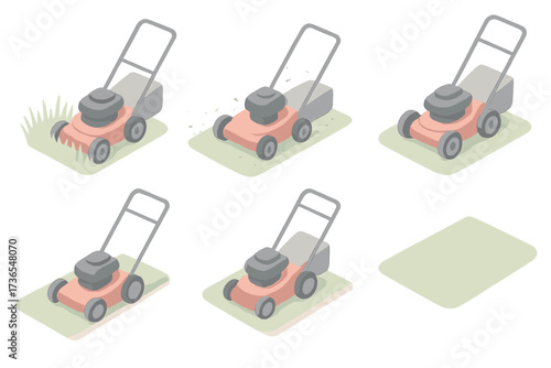 Lawn Mowing Process. Isometric vector illustration set Lawn Cutting Process: mower cutting through tall grass, trimmed path with