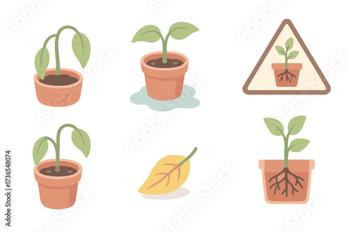 Plant Troubleshooting Icons. Isometric vector illustration set Troubleshooting Transplants: wilted plant with dry soil,