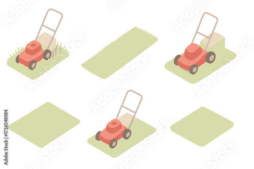 Lawn Mowing Process. Isometric vector illustration set Lawn Cutting Process: mower cutting through tall grass, trimmed path with