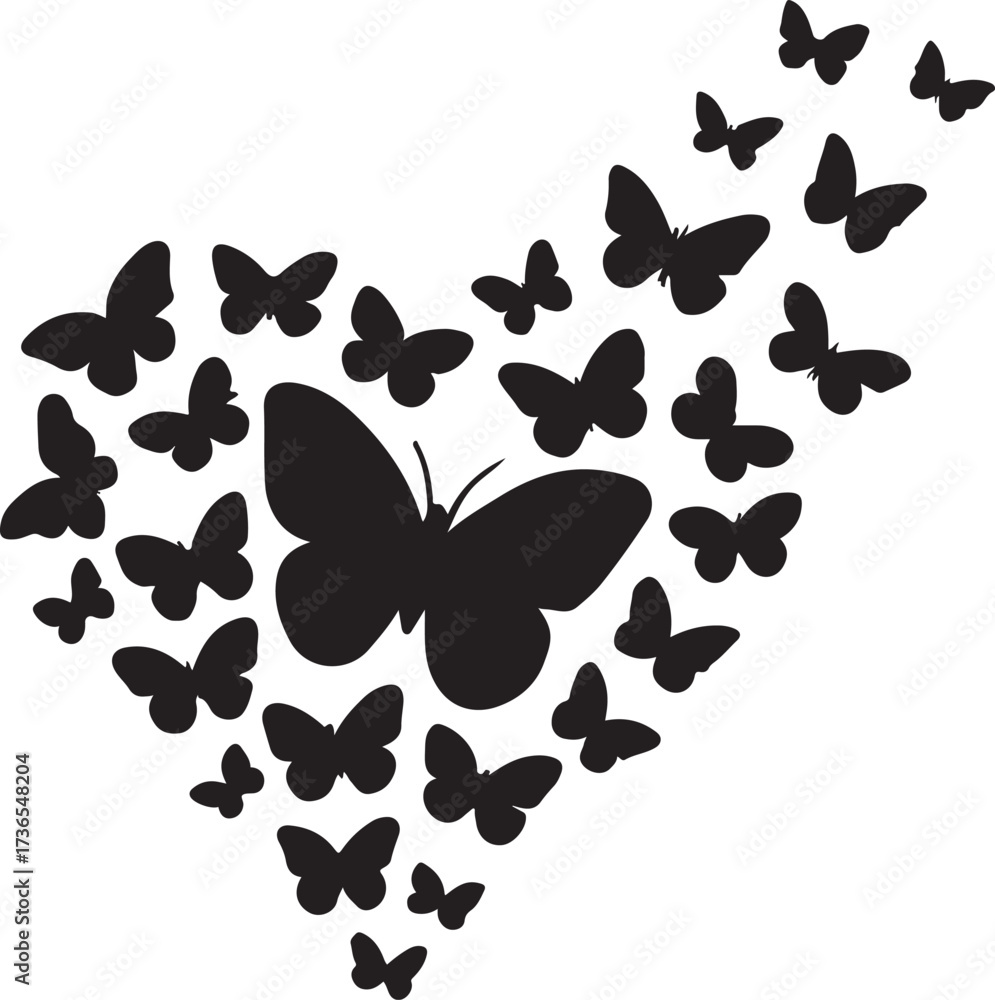 Fototapeta premium Romantic butterfly heart swarm silhouette vector, flying love symbols for Valentine’s design art.