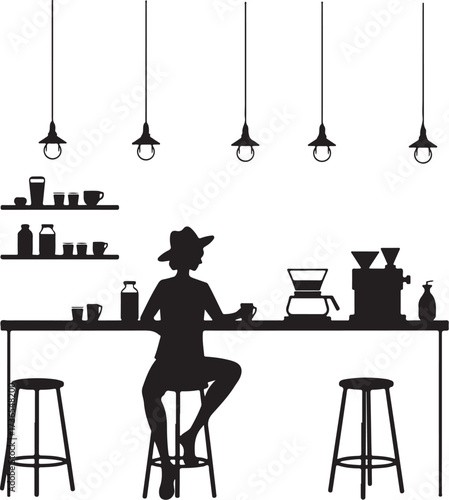 Silhouette woman at coffee bar with brewing equipment