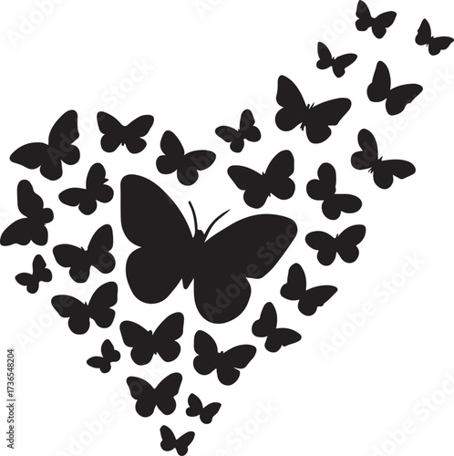 Romantic butterfly heart swarm silhouette vector, flying love symbols for Valentine’s design art.
