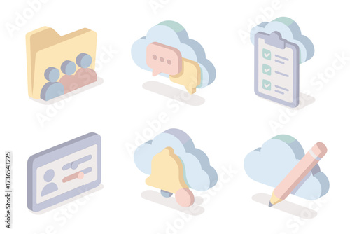 Cloud Collaboration Icons. Isometric vector illustration set Cloud-based team collaboration: shared folder group icon, cloud with