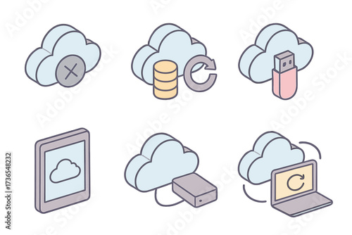 Cloud Sync Illustrations. Isometric vector illustration set Offline Sync and Backup: cloud with offline icon, queued sync status,