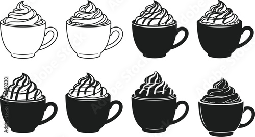 Collection of coffee cup and mug silhouettes with whipped cream topping, cute cartoon style, decorative black and white vector illustration