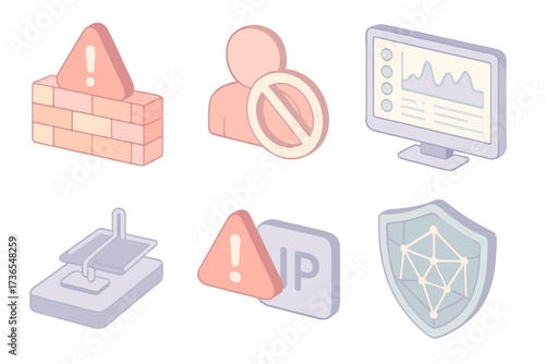 Intrusion Prevention Icons. Isometric vector illustration set Intrusion prevention system: alert signal above firewall,