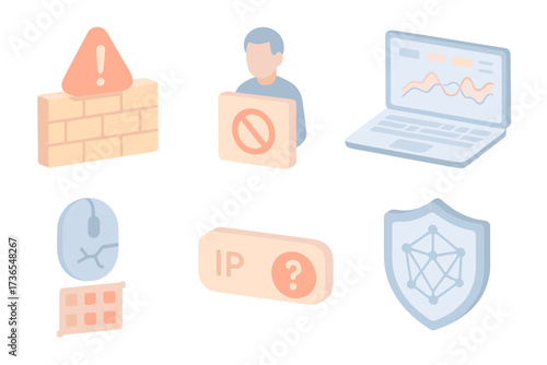 Intrusion Prevention Icons. Isometric vector illustration set Intrusion prevention system: alert signal above firewall,