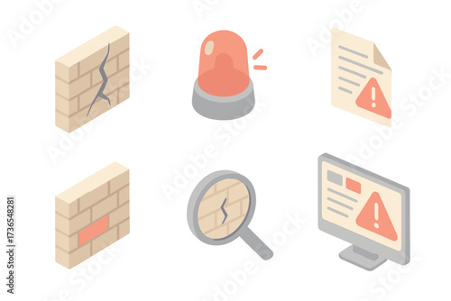 Cybersecurity Breach Icons. Isometric vector illustration set Firewall breach detection: cracked wall icon, red alert siren, log