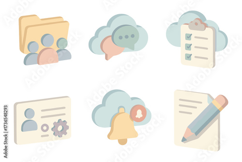 Cloud Collaboration Icons. Isometric vector illustration set Cloud-based team collaboration: shared folder group icon, cloud with
