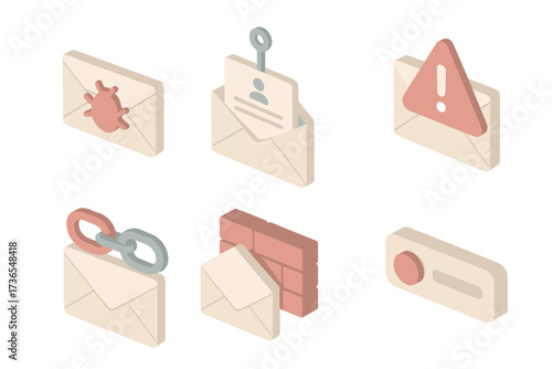 Email Security Icons. Isometric vector illustration set Email threat detection: envelope with bug symbol, phishing attempt icon,