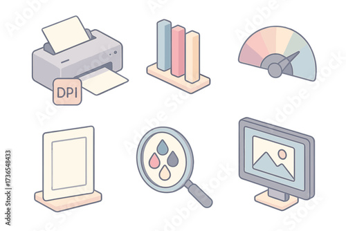 Printing Resolution Icons. Isometric vector illustration set Printing resolution concepts: printer with DPI label, CMYK color bars