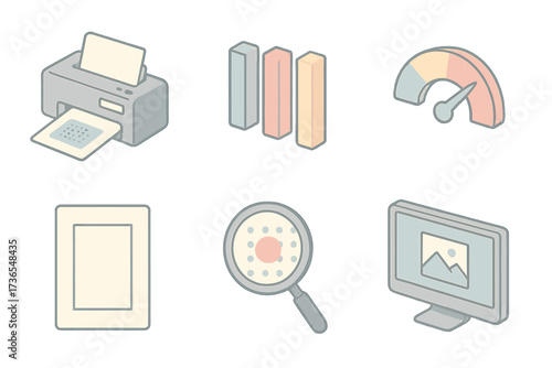Printing Resolution Icons. Isometric vector illustration set Printing resolution concepts: printer with DPI label, CMYK color bars