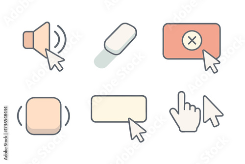 Desktop Interaction Icons. Isometric vector illustration set Desktop interaction feedback: click sound icon, drag shadow trail,
