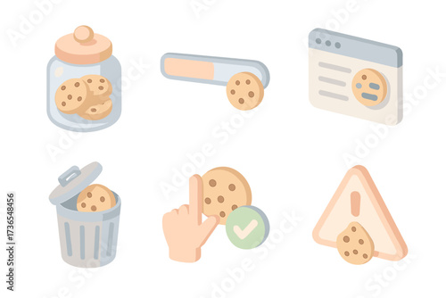 Isometric Cookie Icons. Isometric vector illustration set Web cookie storage management: cookie jar icon, storage usage bar,