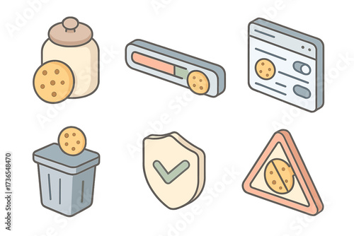 Isometric Cookie Icons. Isometric vector illustration set Web cookie storage management: cookie jar icon, storage usage bar,