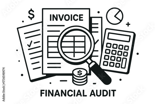 Financial audit magnifying glass over invoice and calculator business concept