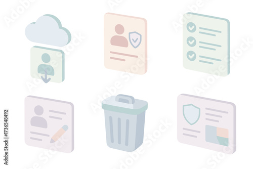 Data Privacy Icons. Isometric vector illustration set Data transparency and rights: download personal data icon, user rights info
