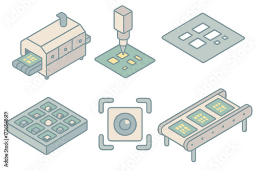 Isometric SMT Equipment. Isometric vector illustration set Surface-mount technology (SMT): reflow oven with PCB, pick-and-place