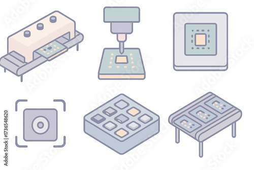 Isometric SMT Equipment. Isometric vector illustration set Surface-mount technology (SMT): reflow oven with PCB, pick-and-place