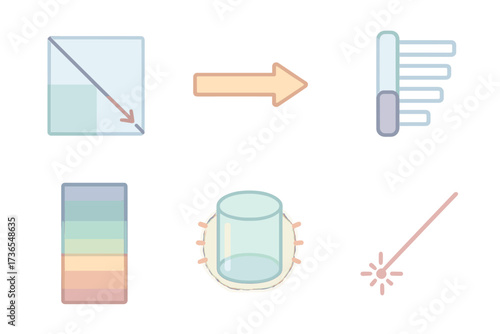 Light Physics Elements. Isometric vector illustration set Light properties in physics: refraction index icon, beam direction arrow