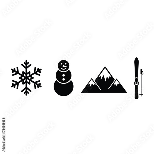 Black silhouettes of a snowflake, snowman, mountains, and skis with poles, representing winter activities and landscapes.