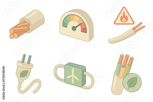 Energy Efficiency Icons. Isometric vector illustration set Energy efficiency and wires: low resistance thick wire, efficiency